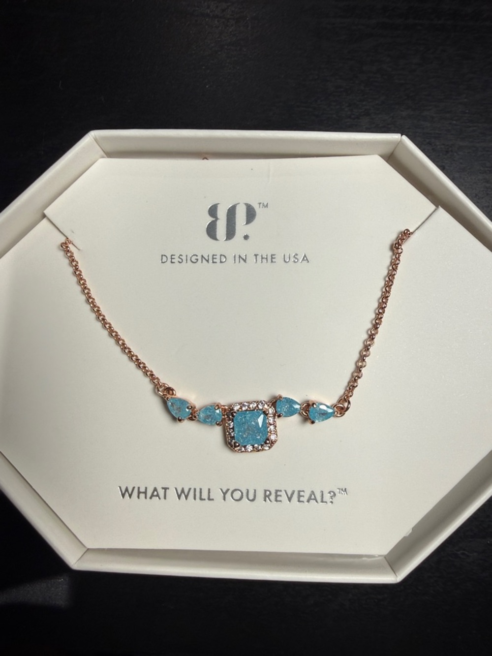 Rose Gold Necklace with Blue Gemstone Pendant by BP